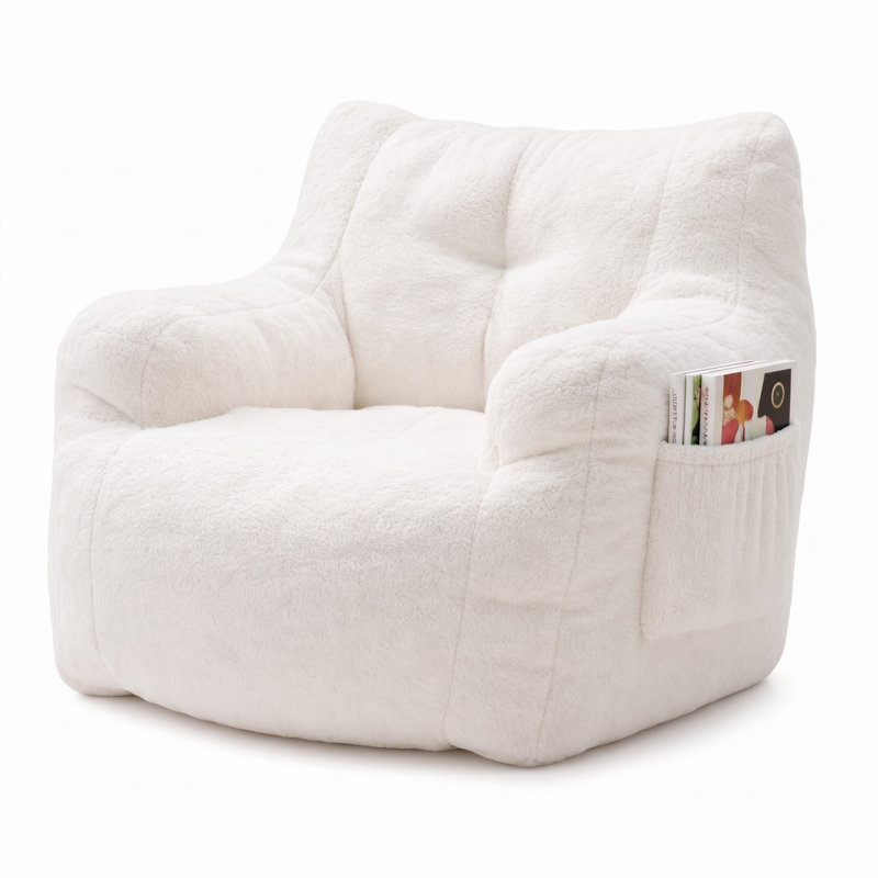 Aeri Compression Medium Adult Soft Fabric Bean Bag Chair With Foam Filled, Cream White Faux Fur