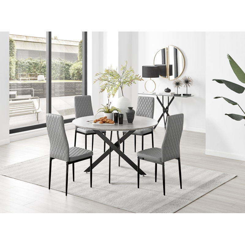 Tierra Modern Chrome Metal & Glass Round Dining Table Set with Quilted Faux Leather Chairs, 4, Grey