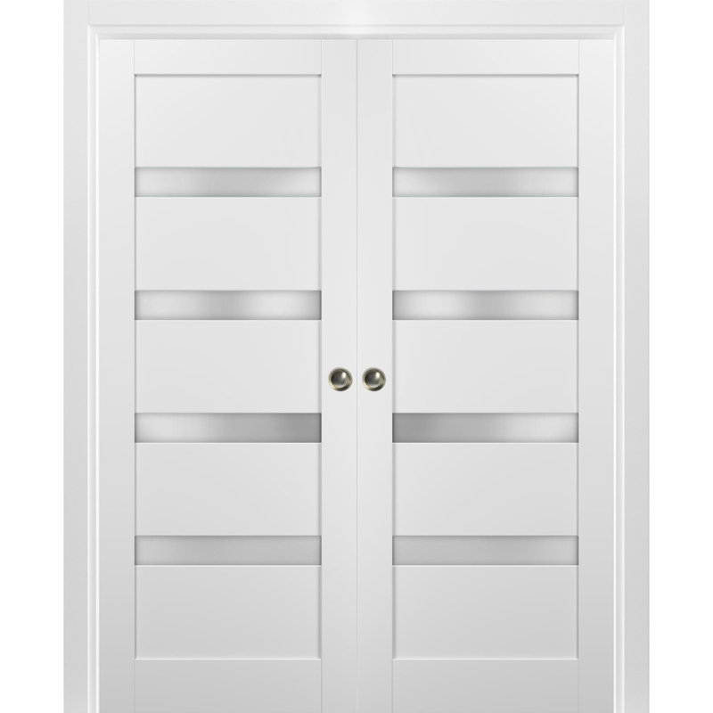Portes blanches en verre givré Quadro avec trousse de quincaillerie d'installation, 72 po x 80 po