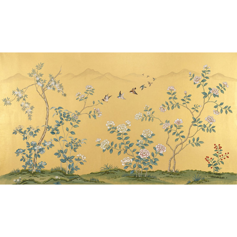 Papier peint mural botanique, fond doré amovible d'inspiration asiatique, Non tissé, 160 po x 108 po