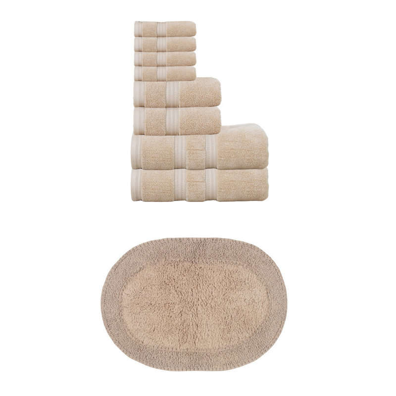 Brunk Collection 100% Soft Cotton Bath Towel & 17x24" Bath Rug, Linen, 9 Piece Towel Set