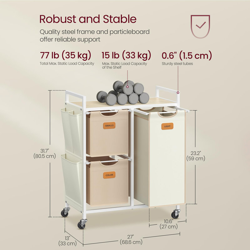 Rolling Laundry Hamper with Handles, Cream White