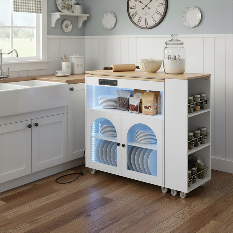 Rolling Pantry Cabinet, Kitchen Island with Extended Table, LED Lights, Power Outlets, Fluted Glass Doors & Storage Shelves, Ivory White