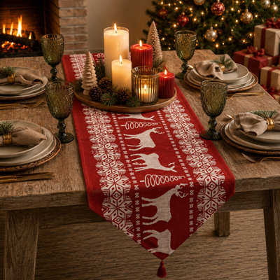 Holiday Reindeer Table Runner - Nordic Deer and Geometric Decorative Runner with Tassel for Festive Table Styling