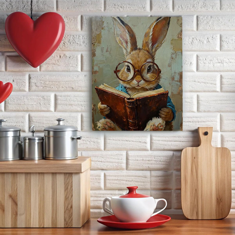 Lapin, livre de lecture, décoration murale encadrée, mignon lapin, bibliothèque, toile, cadeau de décoration murale pour amateur de livres, impressions d'art de Pâques pour salle de lecture, bibliothèque de classe