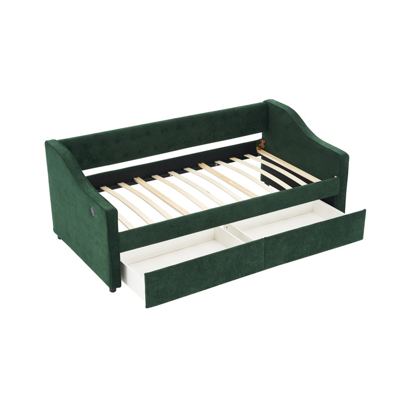 Elegant Upholstered Daybed With Storage Drawer And Wood Slat Support, Emerald