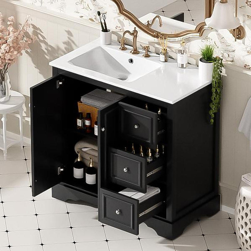 Meuble-lavabo transitionnel 36 po avec lavabo en céramique de 36 po - Comprend 2 portes à fermeture en douceur, une tablette réglable en forme de U, 3 tiroirs (dont un avec séparateur), une finition peinte et un grand espace de rangement