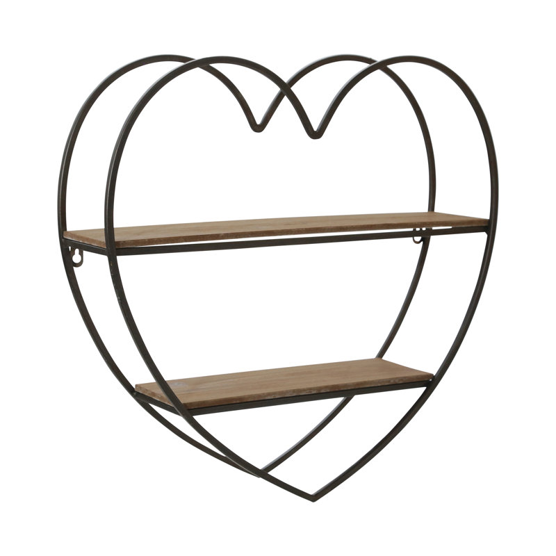 Elise Heart-Shaped Metal and Wood Wall Shelf with Iron Frame and Plywood Shelves, Decorative Hanging Storage with Sturdy Design for Functional Display