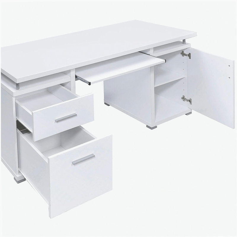Bureau d'ordinateur blanc avec 2 tiroirs et armoire Rochelle, Blanc