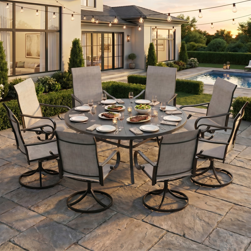 Ensemble repas 9 pièces pour terrasse avec fauteuils pivotants, Grey, Grey