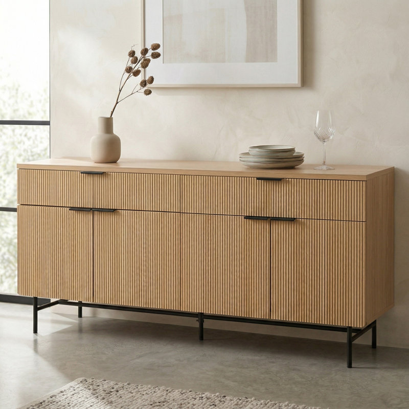 69" Fluted Sideboard Buffet Cabinet With 2 Drawers & 4 Doors, Soft-Close Hinges, Modern Storage Cabinet, Black/Light Oak