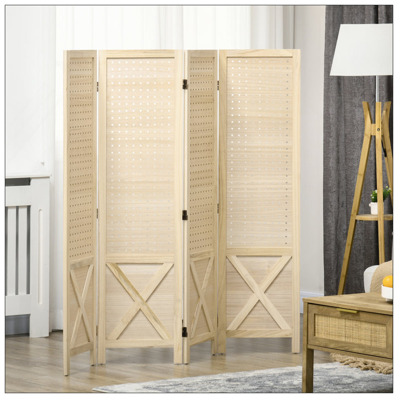 Paravent 4 panneaux perforés, écran d'intimité portatif en bois de 4,7 pi de hauteur pour bureau personnel, naturel