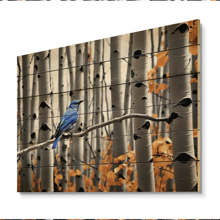 Monochrome Blue Gray Bird In Forest II On Wood Print