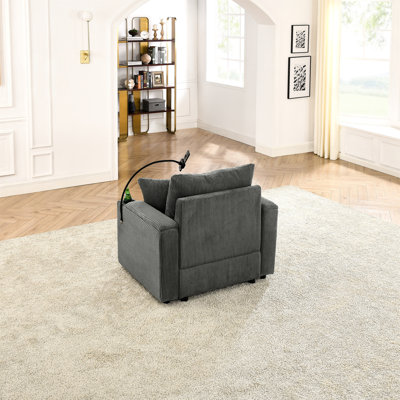 Living Room Seat With Armrest - Grey Corduroy, 8'' Cushion Chair Cup Holder Grey, Cushion, Comfy