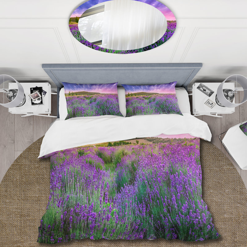 Ensemble de housse de couette campagnard Glorious Sunset Over Blossoming Lavender Field - Microfibre polyester