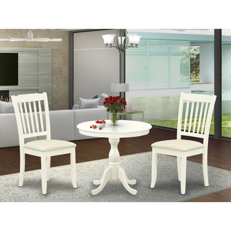3 Piece Dining Room Set Consists of 1 Round Pedestal Dining Table and 2 linen white Dining Room Chairs with Slatted Back - linen white Finish