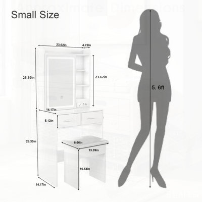 Compact Makeup Vanity Desk with Adjustable LED Lights, Built-in Power Outlets, and Hidden Storage, Includes Padded Stool and Shelf for Small Bedrooms