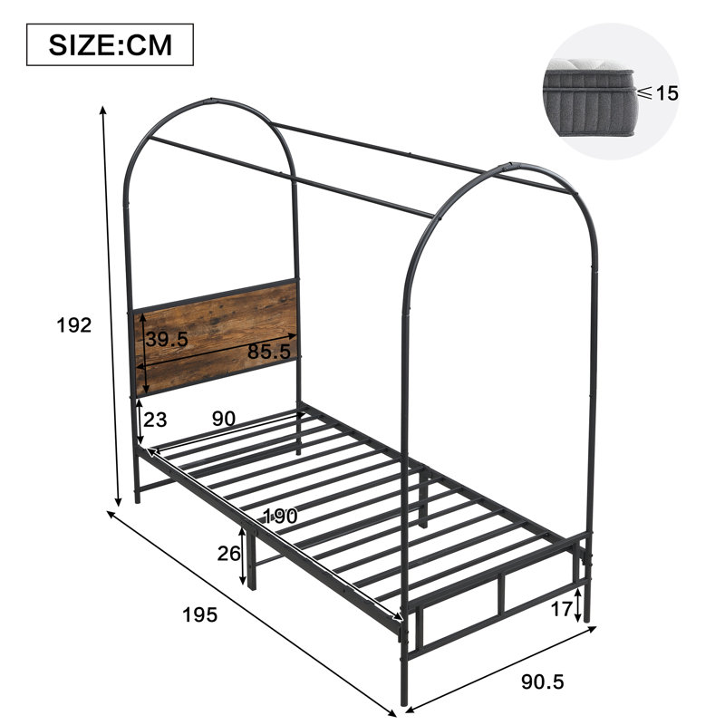Metal Canopy Bed Industrial Style, Single (3')