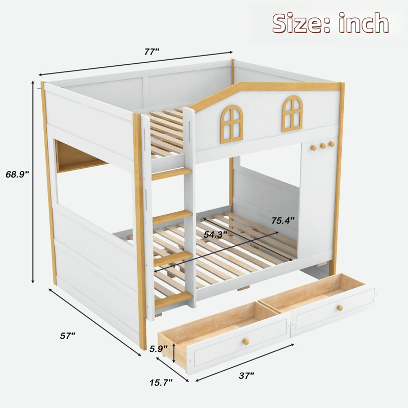 Bunk Bed With House-shaped Guardrails, Storage Shelves And Drawers, Full Over Full