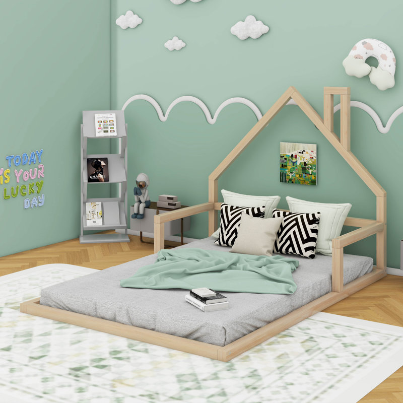 Lit en bois avec tête de lit en bois, Naturel, Lit double