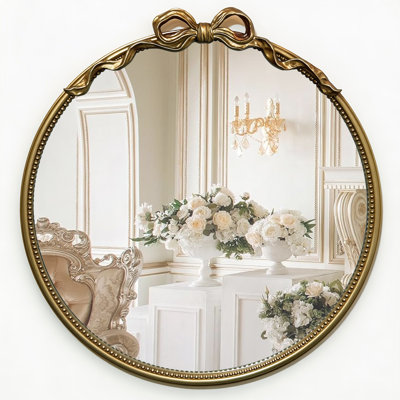 Antique Gold Round Wall Mirror with Bow Vintage Decorative Mirror for Bedroom Livingroom Bathroom