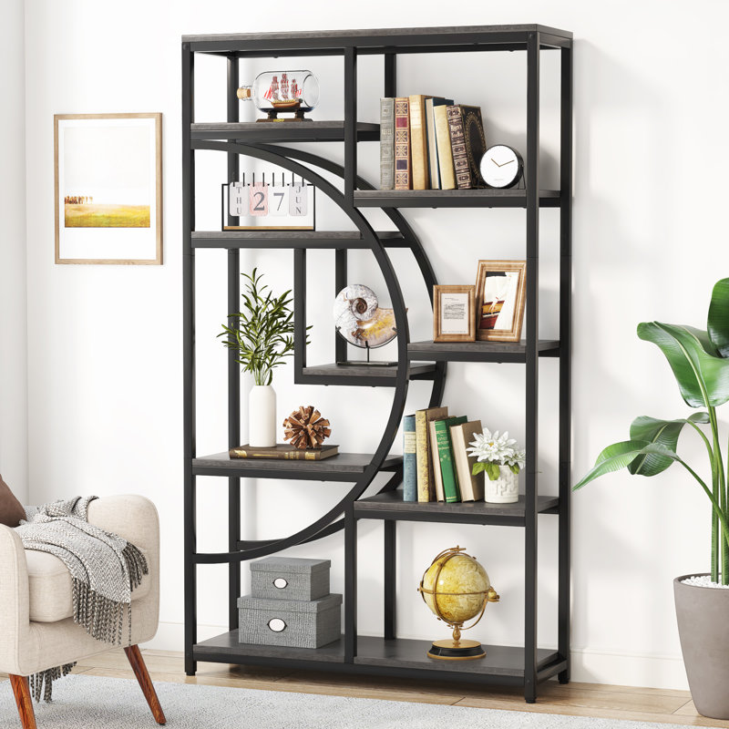 Alberico 174cm H x 95cm W Iron Bookcase, Rustic Gray/Black