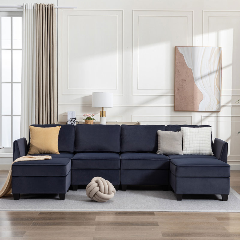 Canapé modulaire 6 pièces rembourré, Velours bleu marine