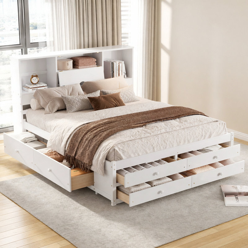 Lit plateforme avec tête de lit et tiroirs de rangement, Blanc, Très grand lit