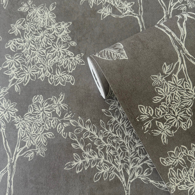 Zen Floral Paper Metallic Wallpaper Roll, Dark Gray