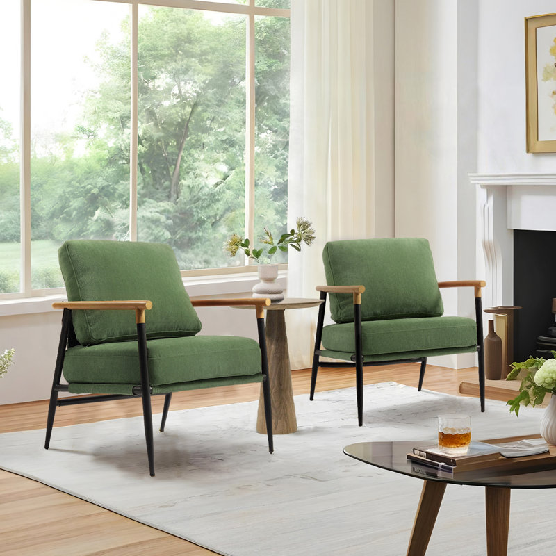 Dajauna Midcentury Modern Upholstered Metal Frame Chenille Arm Accent Chair, Green Chenille