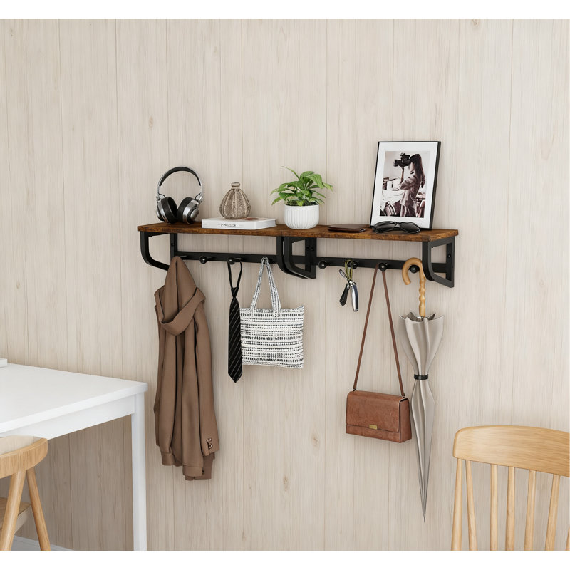 Portemanteau mural avec tablette, organisateur de vestibule en bois et métal avec crochets pour vestes, sacs, clés et rangement décoratif
