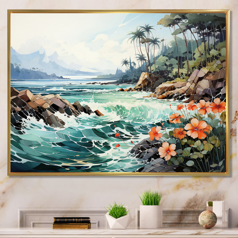 Thailande, paysage de paradis tropical - art mural nautique et plage, salon, H 16 po x l 32 po x P 1 po, Cadre flottant doré