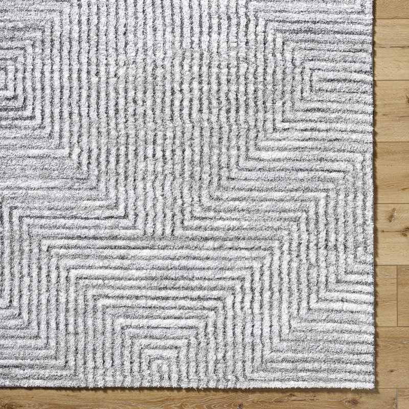 Rectangle Jean-Paul Striped Machine Woven Polyester Area Rug in White/Gray, Rectangle 5'3" x 7'