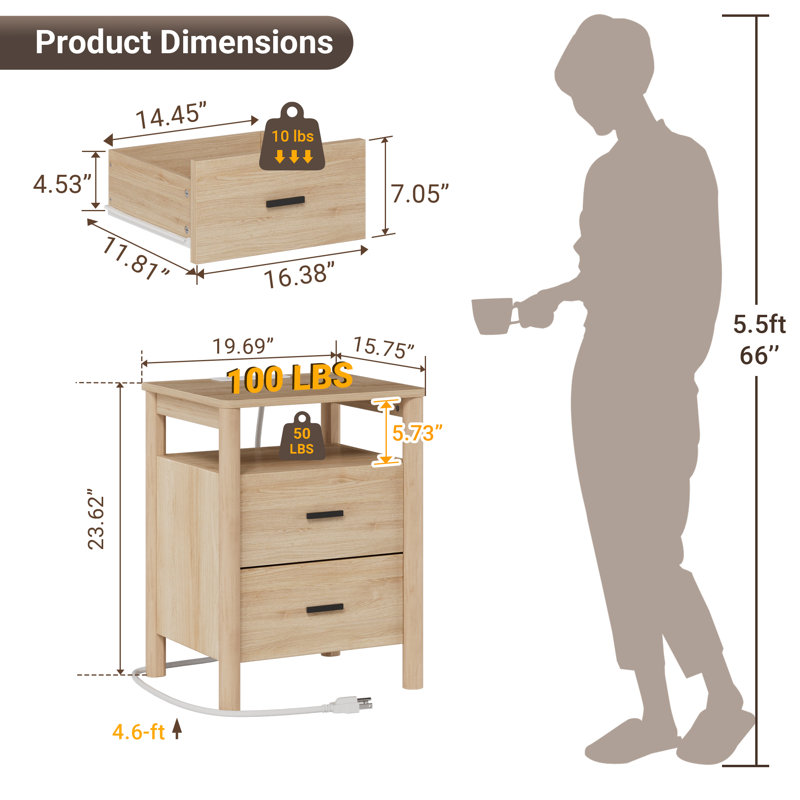 Grande table de chevet 20 po, ensemble de 2 avec station de charge, pieds de poteaux ronds massifs, table de bout à 2 tiroirs avec tablette ouverte