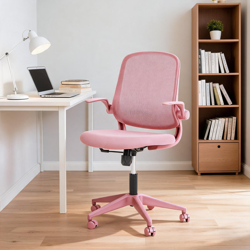 Chaise rose avec accoudoirs rabattables, chaise de bureau en filet respirant avec support lombaire, chaise d'ordinateur pivotante réglable