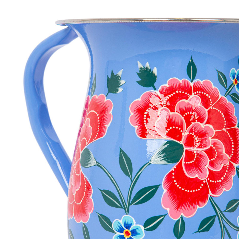 East Urban Home Hand-Painted Picnic Water Jug with 300ml Multicolour Cups - 1.7L - Mint Peony, Blue