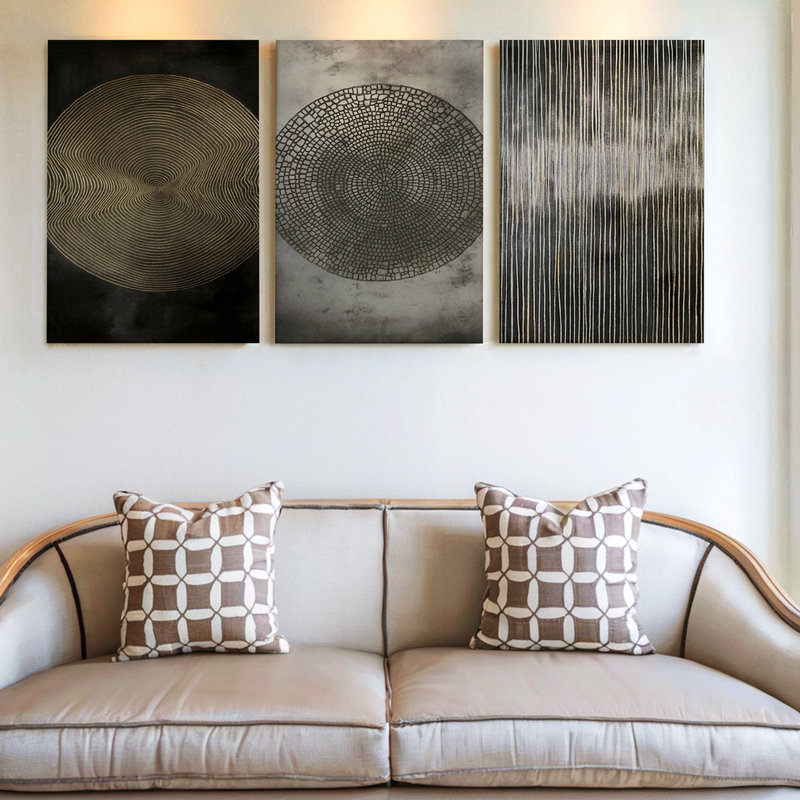 3 pièces d'art mural géométrique abstrait moderne avec motifs circulaires texturés, art mural trois pièces pour le salon, la chambre à coucher et le bureau
