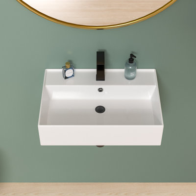 24 x 16 inch Wall Mount Rectangular Bathroom Sink Modern White Ceramic Vessel Sink Art Basin with Overflow