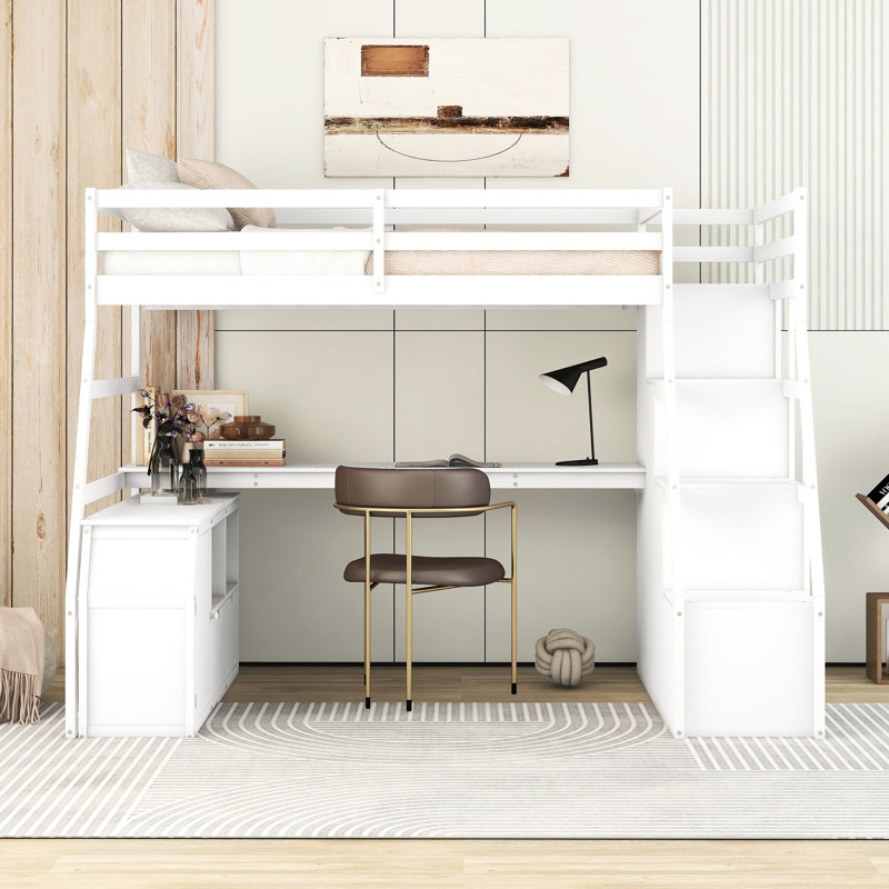 Lit mezzanine simple avec bureau, 7 tiroirs et 2 tablettes en blanc - stable 6 ans et plus