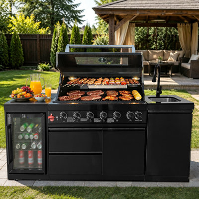 82" W 6-Burner 85000 Btu Gas Grill Island With Outdoor Rated Refrigerator And Sink And Granite Countertop In Stainless Steel