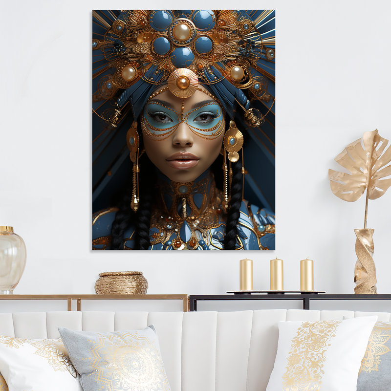 Gold And Blue Queen Of Style Woman III - Goddess Metal Wall Art, 40" H x 30" W x 1.5" D
