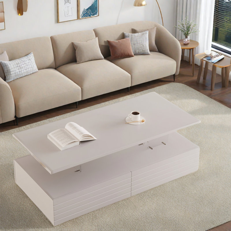 Modern Rectangular Coffee Table With Led Lights, 2 Drawers And Open Storage Shelf, White