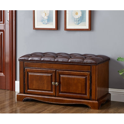 Retro Style Wood Upholstered Entryway Leather Storage Shoe Bench