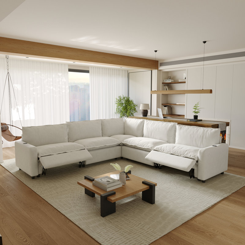 Canapé modulaire inclinable électrique en lin 5 pièces avec siège chauffant et sans gravité Moncada, Lin beige