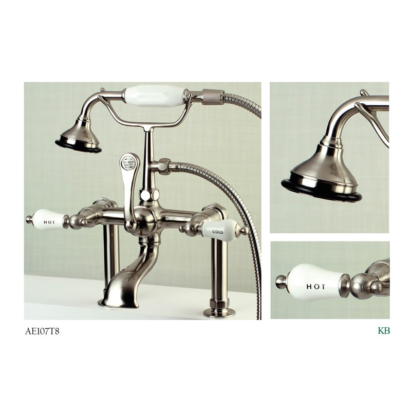 Robinet pour baignoire à pattes à 3 poignées et fixation sur le comptoir à 3 trous et cuivres Kingston, Nickel brossé