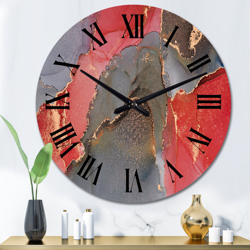 Gris et rouge, art abstrait fluide de luxe - horloge murale moderne, Surdimensionné
