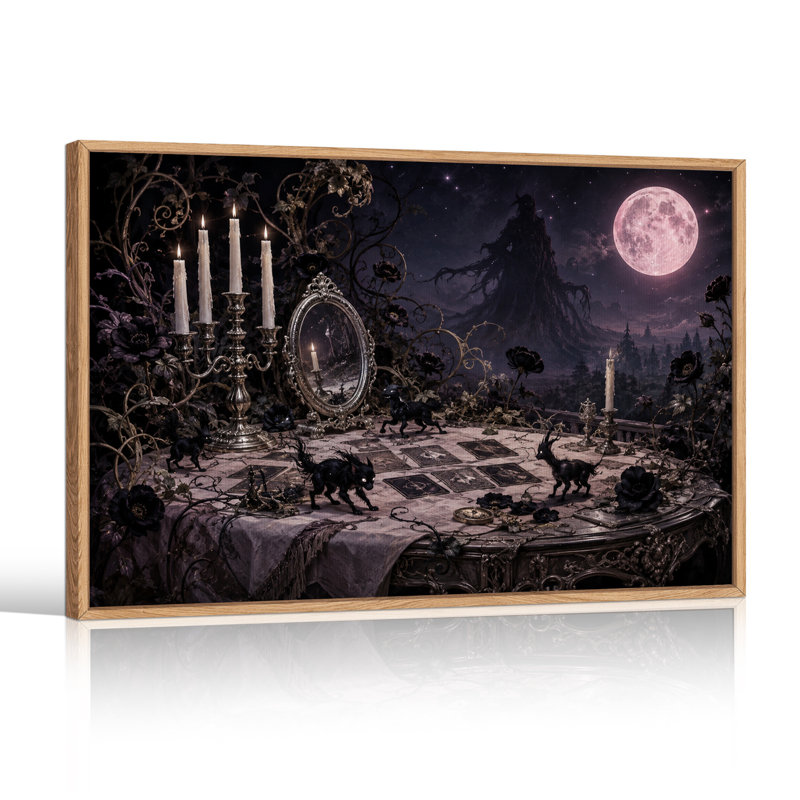 Cartes de tarot gothiques et chats noirs sous une lune rose - Toile murale d'Halloween, H 18 po x l 24 po