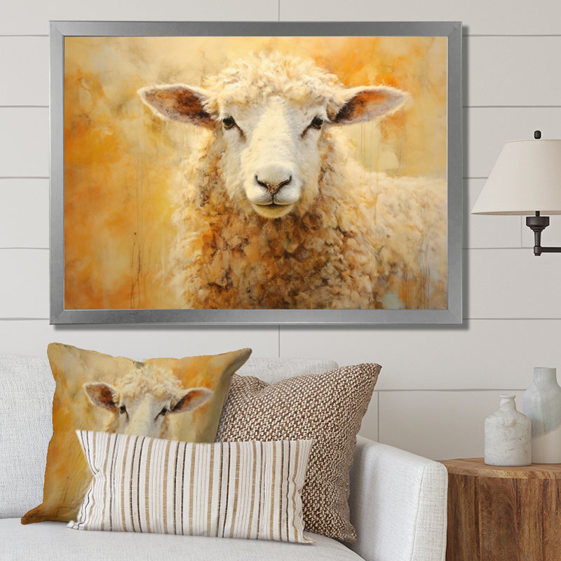 Encaustique jaune et mouton beige II - imprimé, Cadre simple argenté, H 24 po x l 32 po x P 1 po