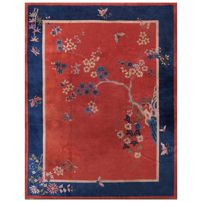 Magnifique tapis art déco chinois antique rouge et bleu