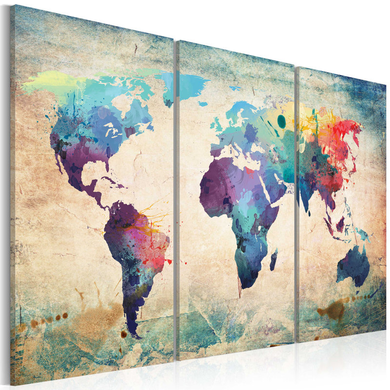 Rainbow Map - 3 Piece Wrapped Canvas Print, 80cm H x 120cm W